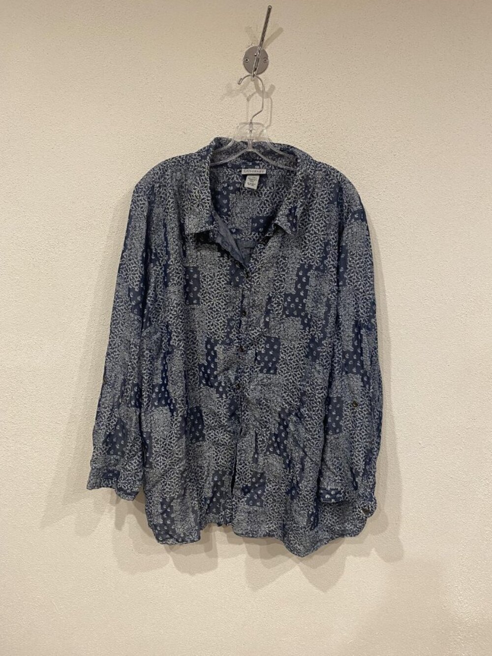 Catherines Shirt Womens 3X Blue Floral 100% Lyocell Button Front Top Blouse
